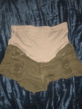 Women’s Maternity Olive Green Distressed Shorts with Beige Waistband